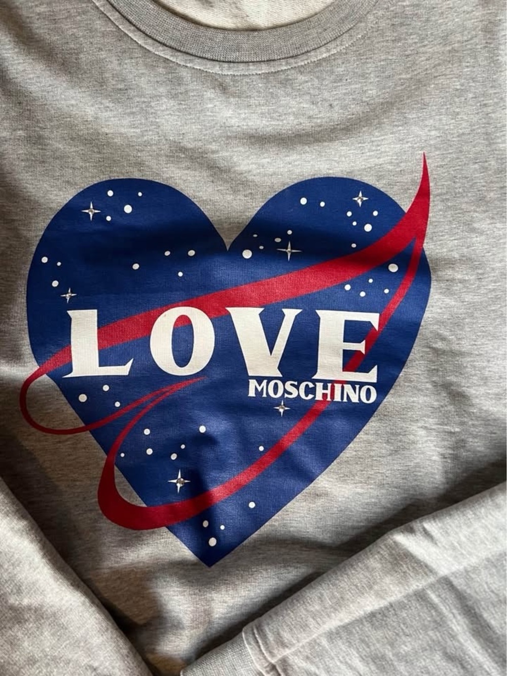 Moschino Gray Sweatshirt with Blue Heart Graphics